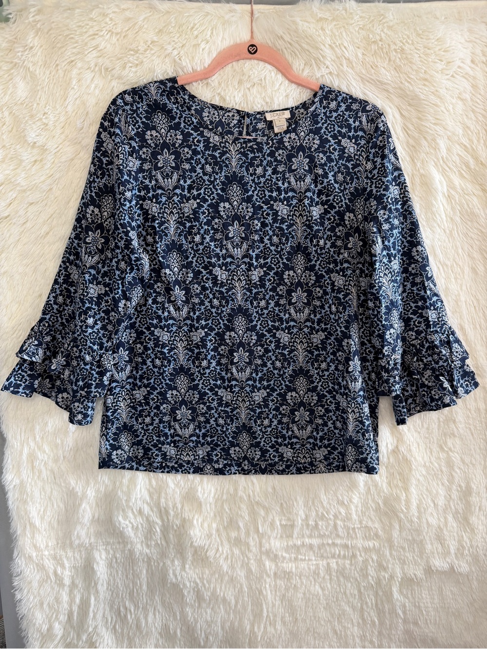 J. Crew Womens Boho Floral Top Size 6 Blue Double Ruffle Sleeve Preppy Cotton